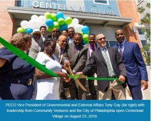 PECO Vice President of Governmental and External Affairs Tony Gay (far right) with leadership from Community Ventures and the City of Philadelphia open Centennial Village on August 23, 2018.